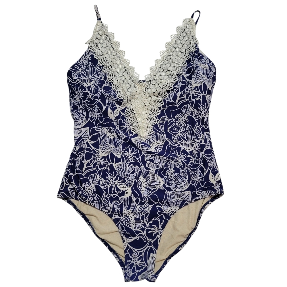 Sea Angel | Floral Lace Trim One Piece Swimsuit Blue & White Bathing Suit Summer